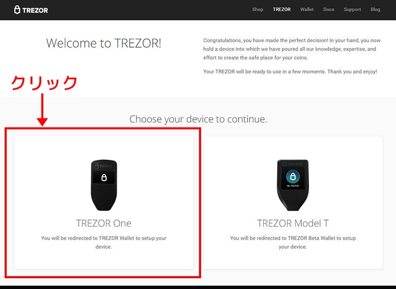 TREZORのセットアップ画面